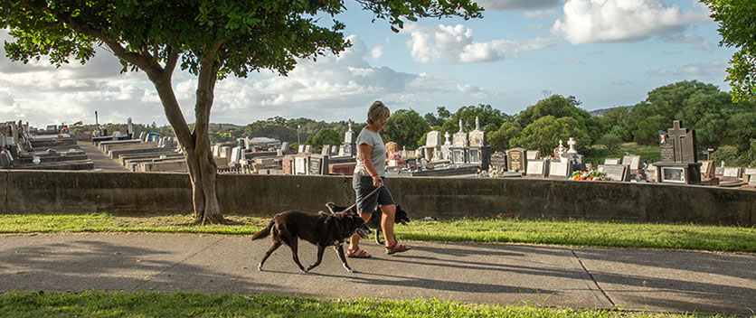 Woman walking dog at Botany Cemetery