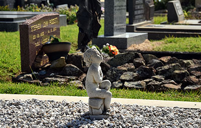 Angel statue in cemetery with gravestones in background