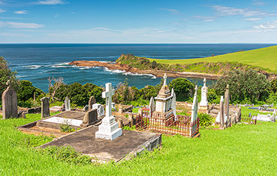 View of graveyard on hill