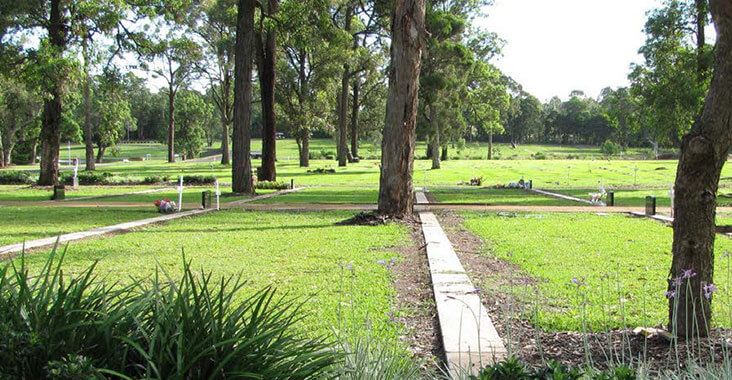 Path thru graveyard with headstones and trees