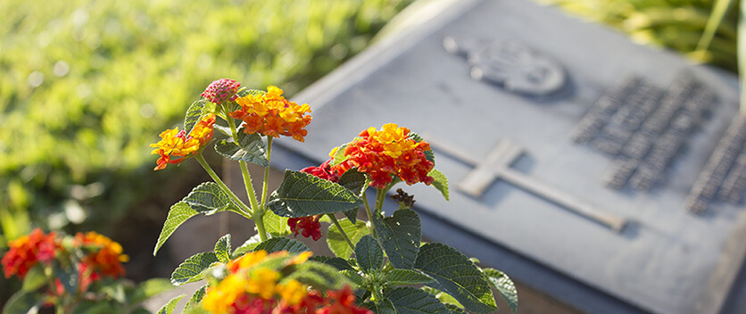 Grave headstone with orange and red flowers
