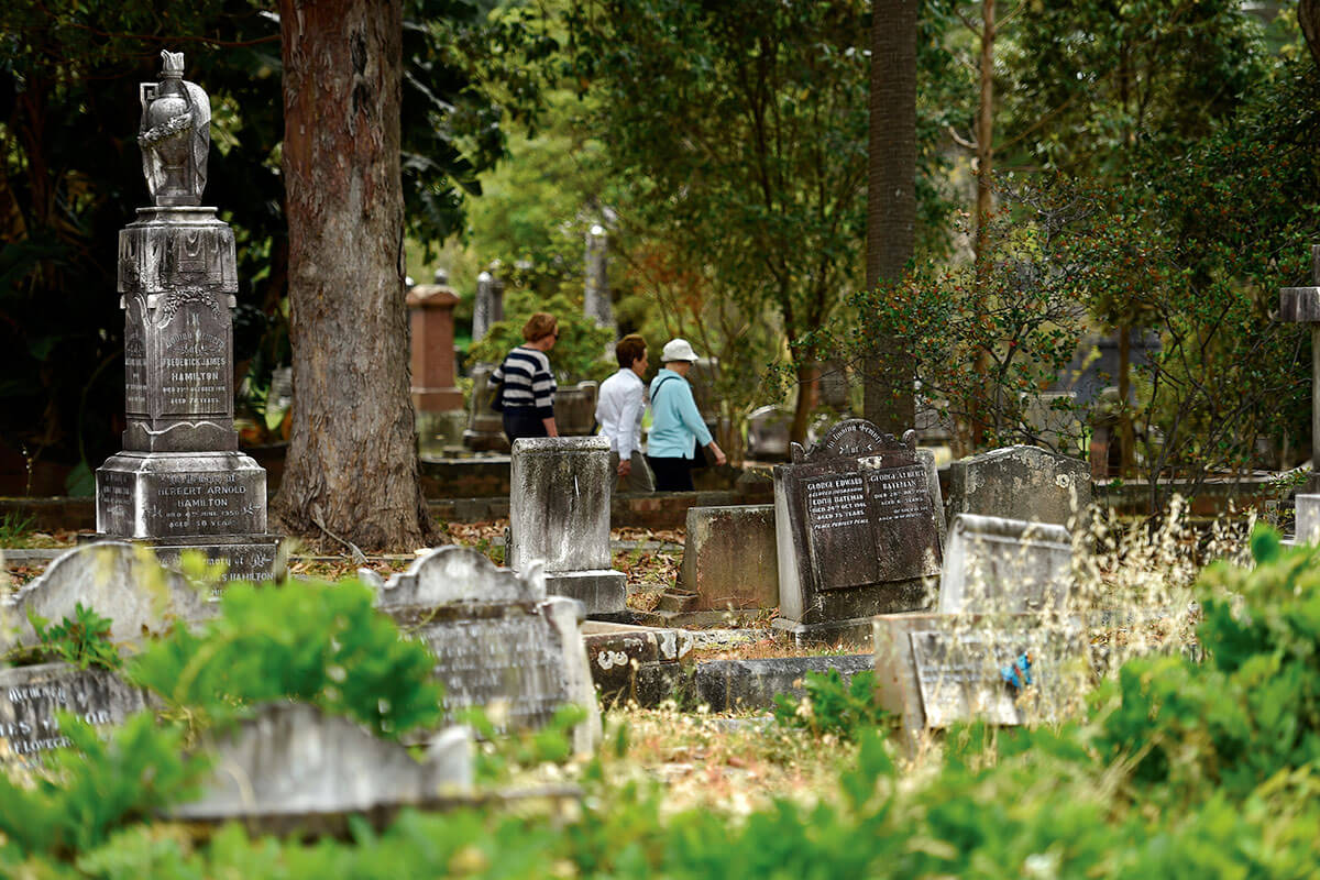 People visiting and paying respects at a cemetery.